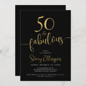 Fifty and Fabulous 50th Birthday Black Gold 招待状 (正面/裏面)