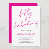 Fifty and Fabulous 50th Birthday Hot Pink Script 招待状 (正面/裏面)