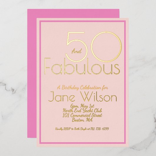 Fifty And Fabulous Birthday Invitation Chic Pink 箔招待状 (正面/裏面)