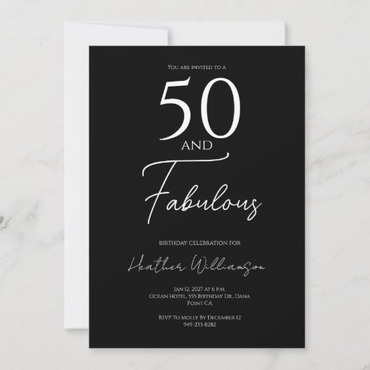 Fifty and Fabulous Black 50th Birthday Party 招待状 (正面)