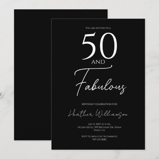 Fifty and Fabulous Black 50th Birthday Party  招待状 (正面/裏面)