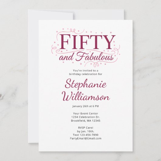 Fifty and Fabulous Black Berry Pink Script 招待状 (正面)