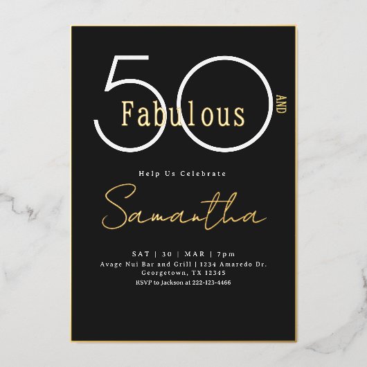 Fifty and Fabulous Black & Gold 50th Birthday 箔招待状 (正面)