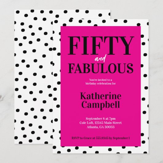 Fifty and Fabulous Black Hot Pink 50th Birthday 招待状 (正面/裏面)