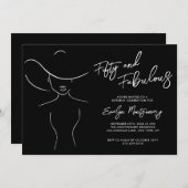 Fifty and Fabulous Black Line Art Birthday Party  招待状 (正面/裏面)