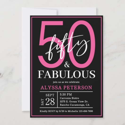 Fifty and Fabulous Black Script 50th Birthday 招待状 (正面)