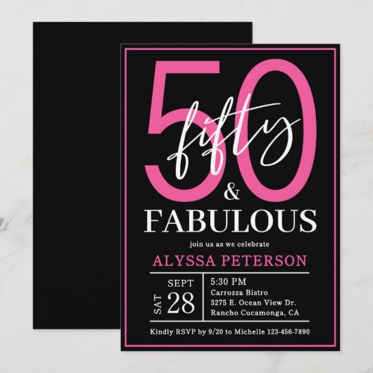 Fifty and Fabulous Black Script 50th Birthday 招待状 (正面/裏面)