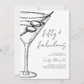 Fifty and Fabulous Black Script Line Art Martini 招待状 (正面)