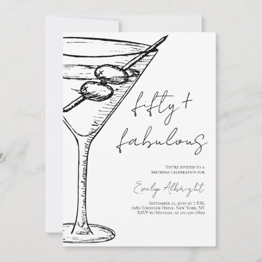 Fifty and Fabulous Black Script Line Art Martini 招待状 (正面)