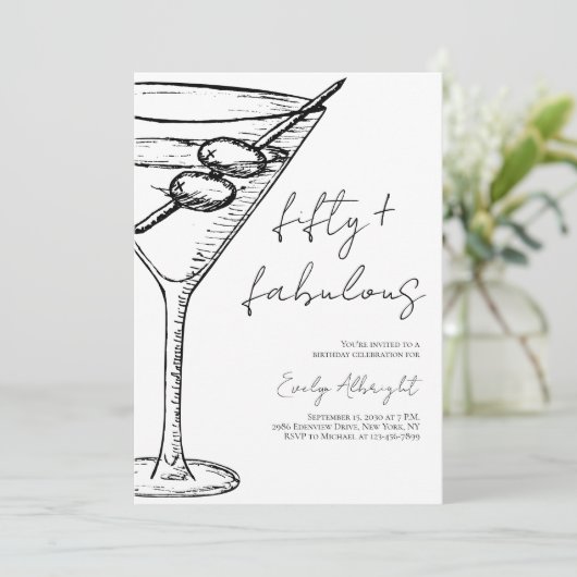 Fifty and Fabulous Black Script Line Art Martini 招待状 (スタンド正面)