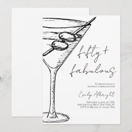 Fifty and Fabulous Black Script Line Art Martini 招待状