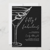 Fifty and Fabulous Black Script Line Art Martini 招待状 (正面)