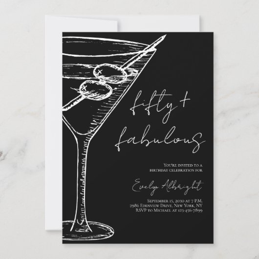 Fifty and Fabulous Black Script Line Art Martini 招待状 (正面)