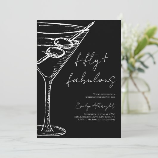 Fifty and Fabulous Black Script Line Art Martini 招待状 (スタンド正面)