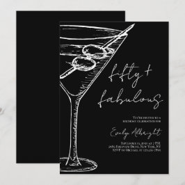 Fifty and Fabulous Black Script Line Art Martini 招待状