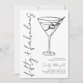 Fifty and Fabulous Black Script Line Art Martini 招待状