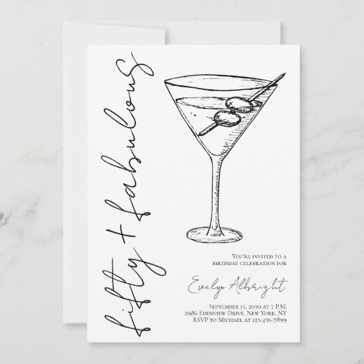 Fifty and Fabulous Black Script Line Art Martini 招待状 (正面)