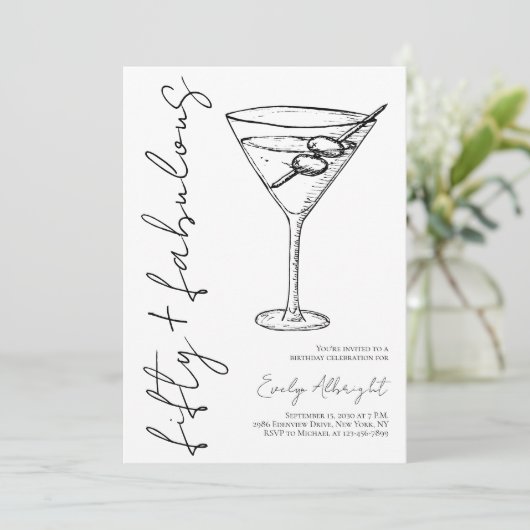 Fifty and Fabulous Black Script Line Art Martini 招待状 (スタンド正面)