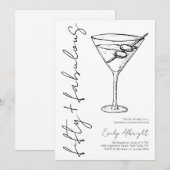 Fifty and Fabulous Black Script Line Art Martini 招待状 (正面/裏面)