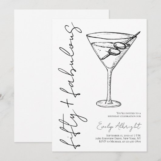 Fifty and Fabulous Black Script Line Art Martini 招待状 (正面/裏面)