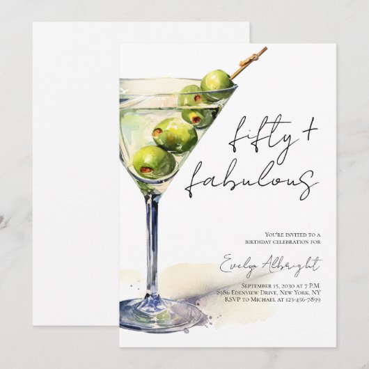 Fifty and Fabulous Black Script Watercolor Martini 招待状 (正面/裏面)