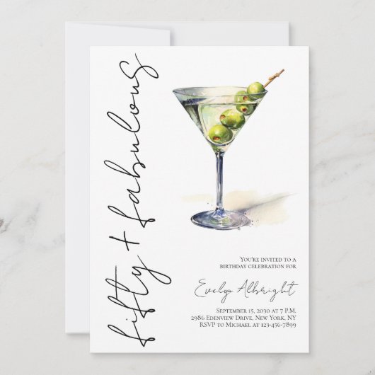 Fifty and Fabulous Black Script Watercolor Martini 招待状 (正面)