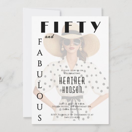 Fifty and Fabulous Black White 50th Birthday  招待状 (正面)
