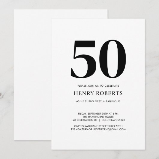 Fifty and Fabulous Black White 50th Birthday Party 招待状 (正面/裏面)