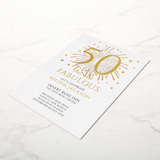 Fifty and Fabulous Black White 50th Birthday Party 箔招待状 (回転した状態)