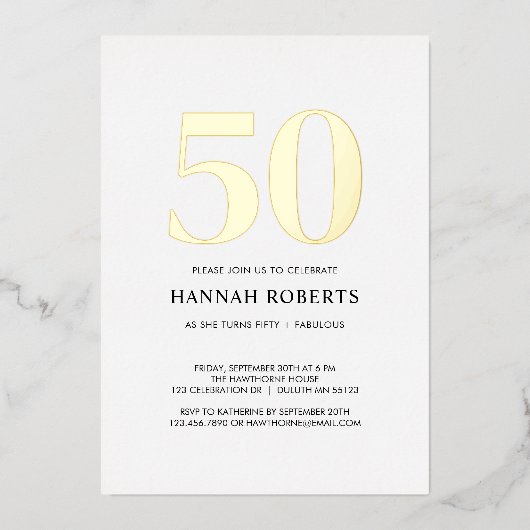 Fifty and Fabulous Black White 50th Birthday Party 箔招待状 (正面)