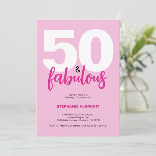 Fifty and Fabulous Blush Pink 50th Birthday Party 招待状 (スタンド正面)