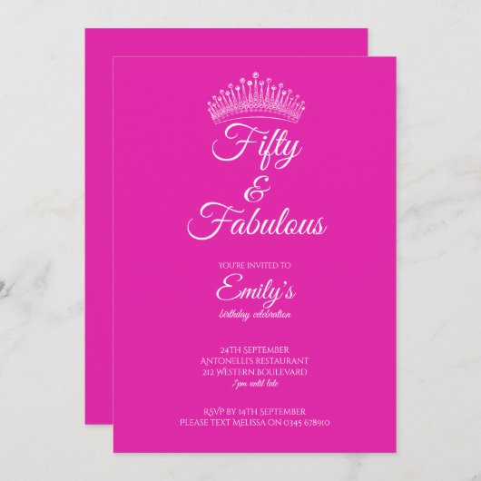 Fifty and Fabulous Crown Pink Birthday 招待状 (正面/裏面)