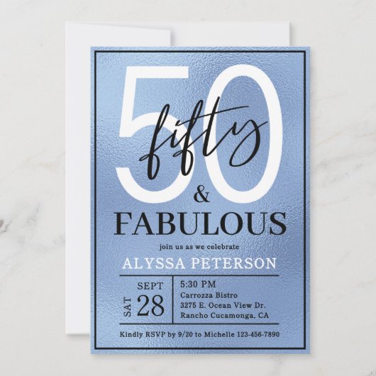 Fifty and Fabulous Dusty Blue Script 50th Birthday 招待状 (正面)