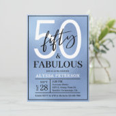 Fifty and Fabulous Dusty Blue Script 50th Birthday 招待状 (スタンド正面)