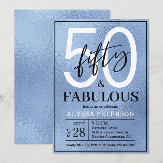 Fifty and Fabulous Dusty Blue Script 50th Birthday 招待状 (正面/裏面)