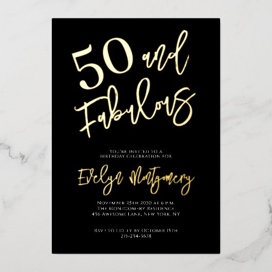 Fifty and Fabulous Gold Black 50th Birthday Party  箔招待状 (正面)