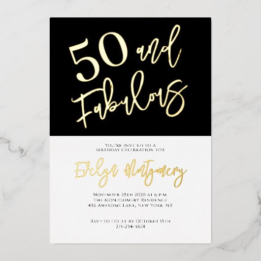 Fifty and Fabulous Gold Black 50th Birthday Party  箔招待状 (正面)