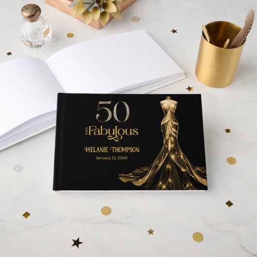 Fifty and Fabulous Gold Dress Black 50th Birthday ゲストブック (正面見開き)