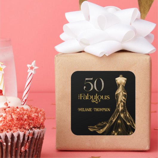 Fifty and Fabulous Gold Dress Black 50th Birthday スクエアシール (パーティー)