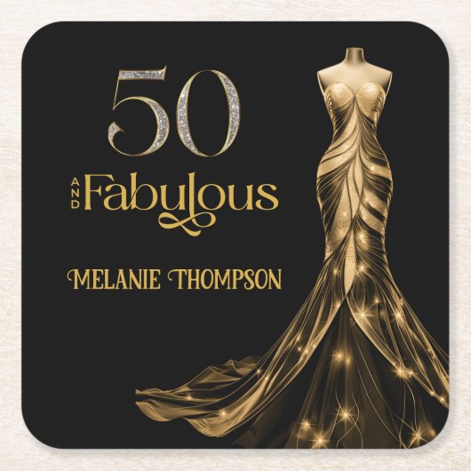 Fifty and Fabulous Gold Dress Black 50th Birthday スクエアペーパーコースター (正面)