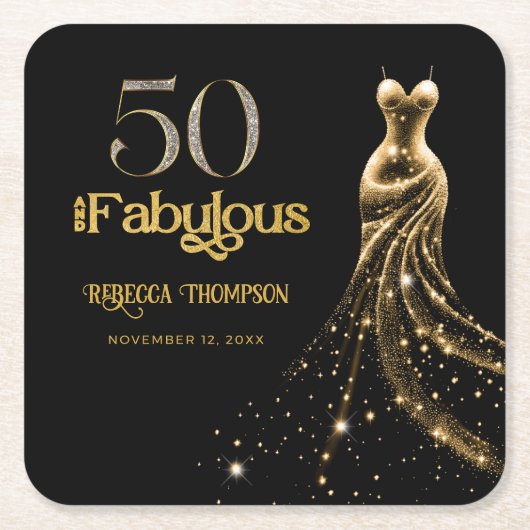 Fifty and Fabulous Gold Dress Black 50th Birthday スクエアペーパーコースター (正面)