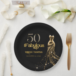 Fifty and Fabulous Gold Dress Black 50th Birthday ペーパープレート