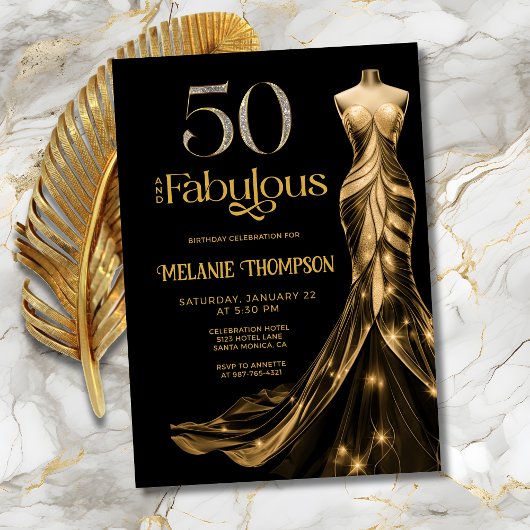 Fifty and Fabulous Gold Dress Black 50th Birthday 招待状