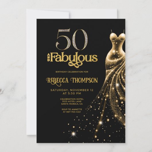 Fifty and Fabulous Gold Dress Black 50th Birthday 招待状 (正面)