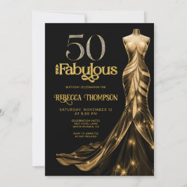 Fifty and Fabulous Gold Dress Black 50th Birthday 招待状