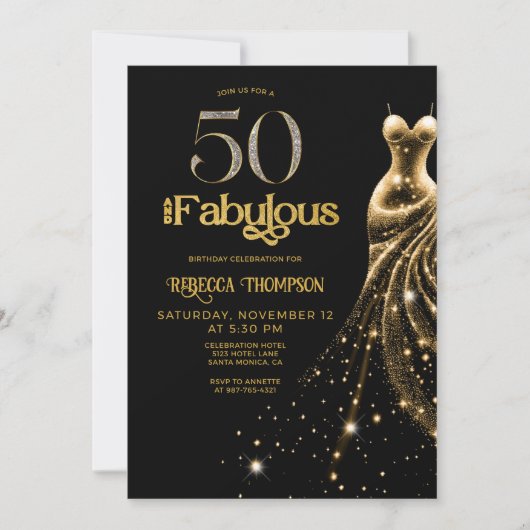 Fifty and Fabulous Gold Dress Black 50th Birthday 招待状 (正面)