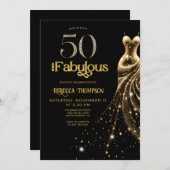 Fifty and Fabulous Gold Dress Black 50th Birthday 招待状 (正面/裏面)