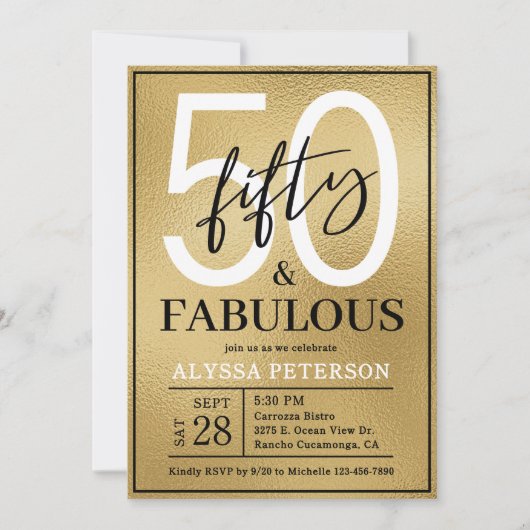 Fifty and Fabulous Gold Script 50th Birthday 招待状 (正面)