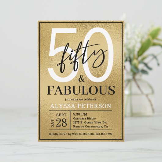Fifty and Fabulous Gold Script 50th Birthday 招待状 (スタンド正面)