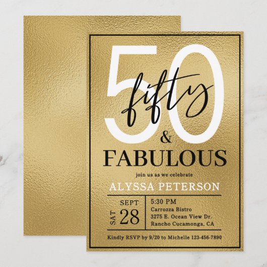 Fifty and Fabulous Gold Script 50th Birthday 招待状 (正面/裏面)